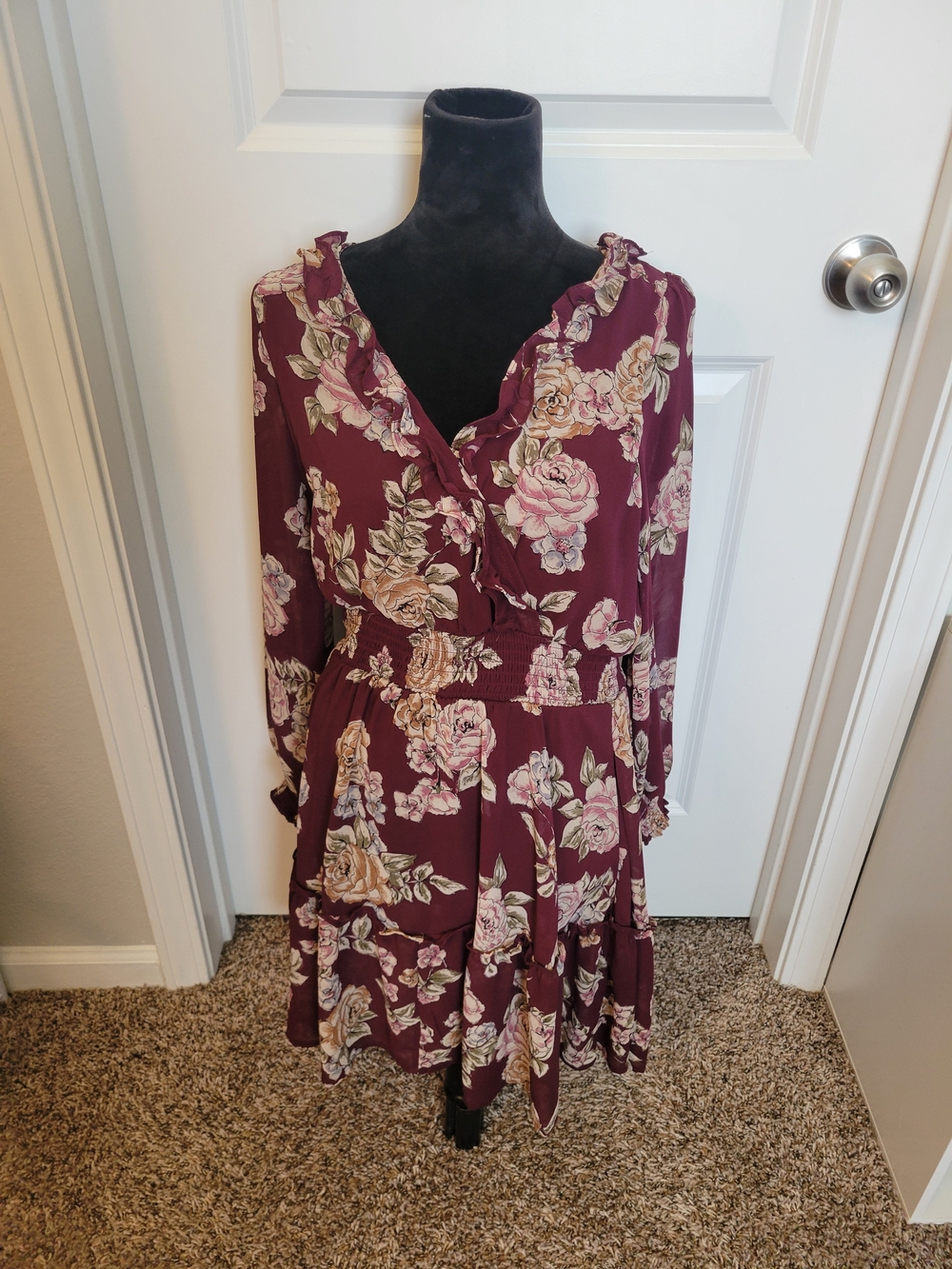 Maurices Medium Long Sleeve Midi Burgundy Floral Ruffle Dress